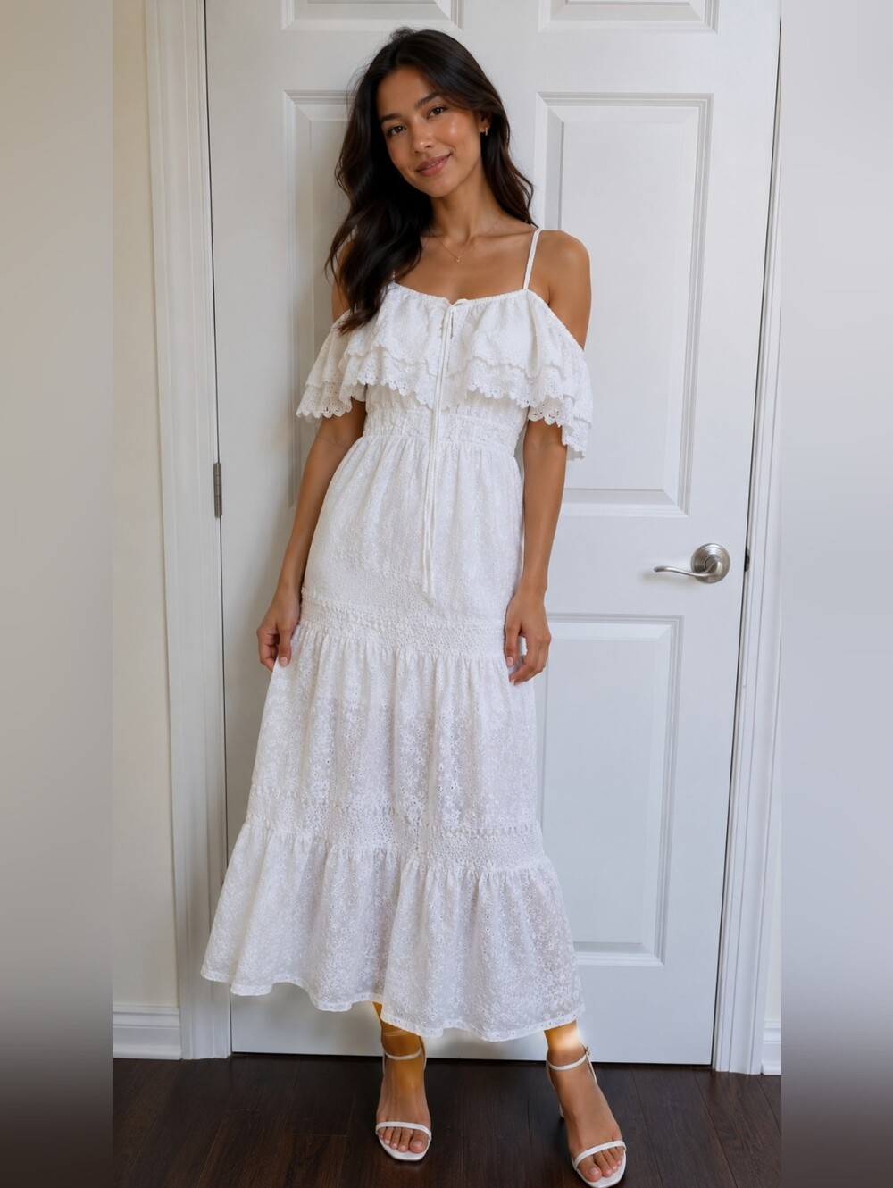 Vinceotto White Eyelet Lace Off Shoulder Maxi Dress Size 4